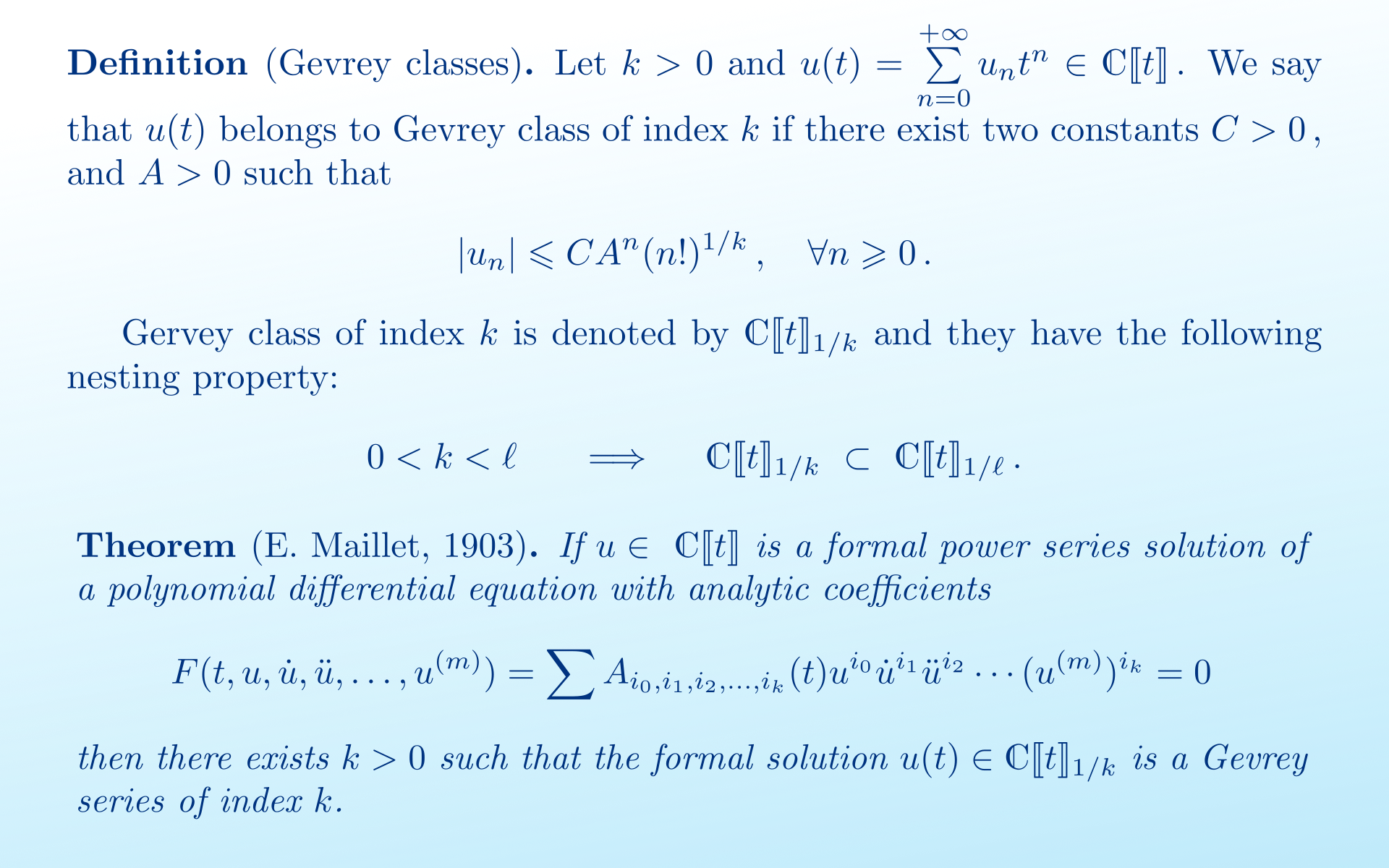 Gevrey classes of the power series